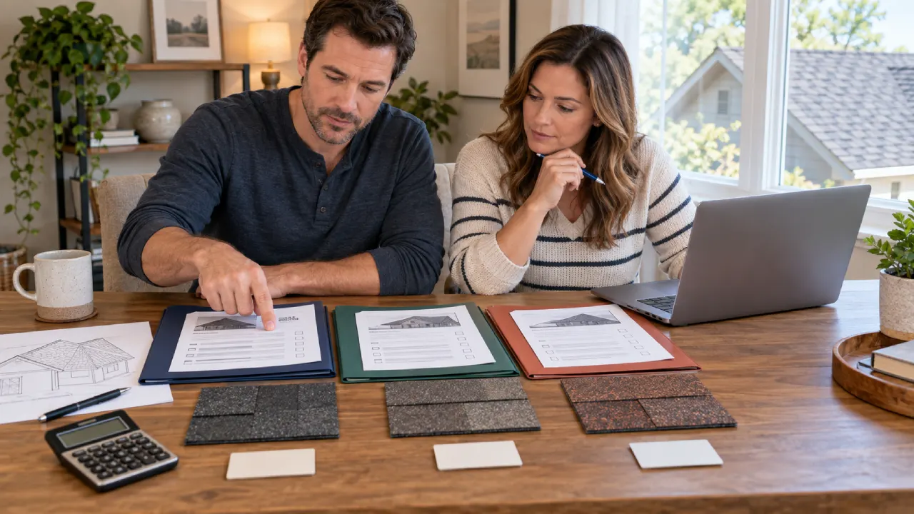 Homeowners comparing roofing estimates, shingle samples and warranty options from three different contractors.