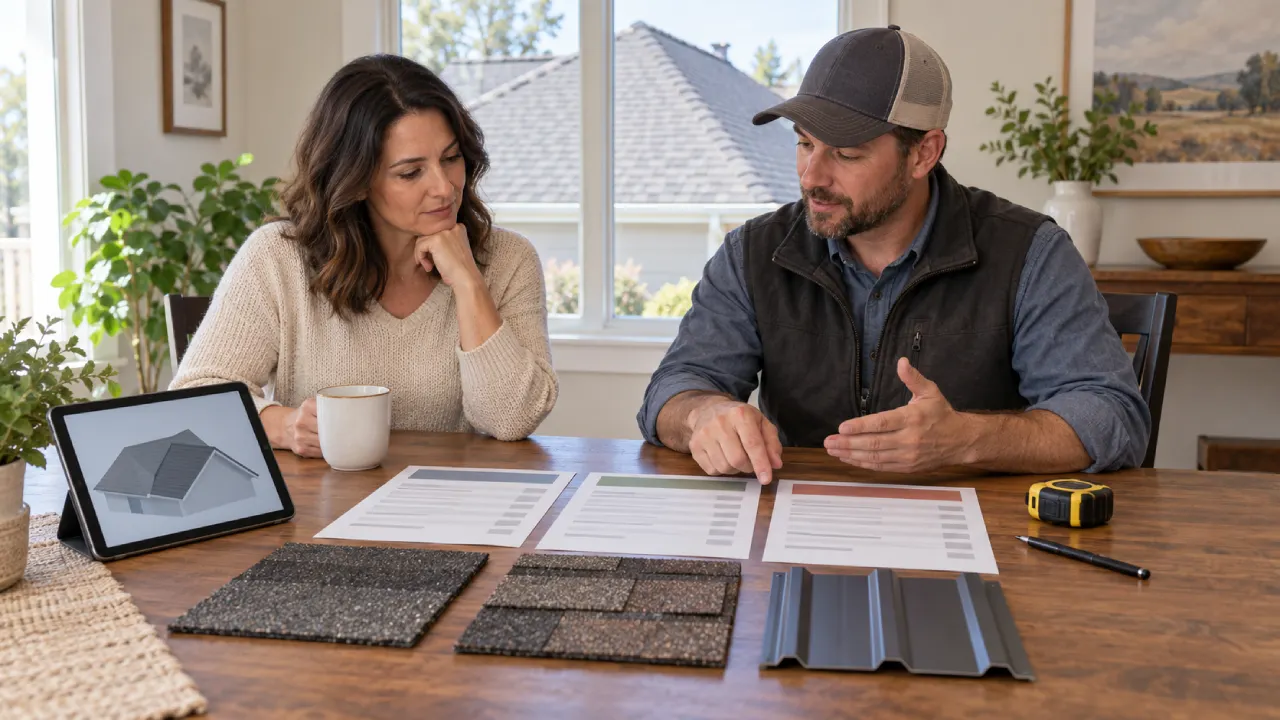 Homeowner and roofing contractor comparing multiple roof estimates and roofing material samples at a table.