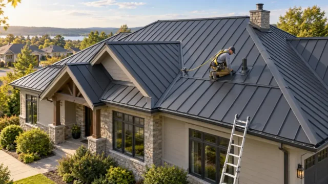 Professional roofer inspecting a dark standing-seam metal roof on a modern residential home.