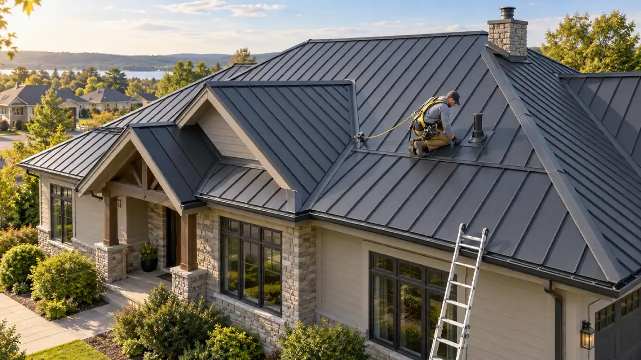 Professional roofer inspecting a dark standing-seam metal roof on a modern residential home.