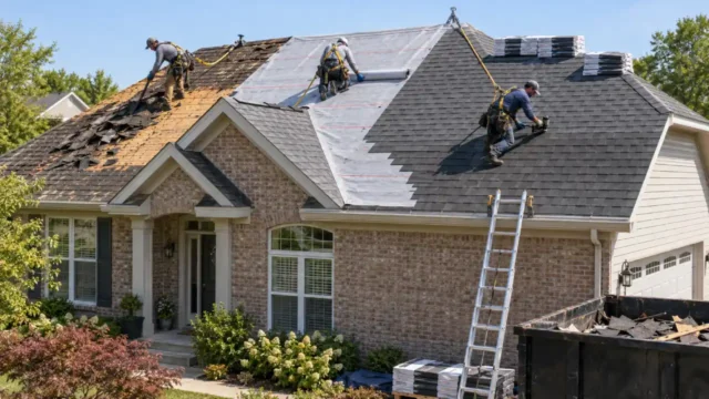 Professional roofing crew removing old shingles, installing underlayment and fitting new shingles on a residential roof.