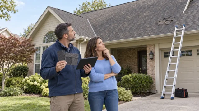 Homeowner and roofing inspector assessing damaged asphalt shingles to decide between roof repair and replacement.