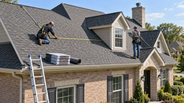 Professional roofers measuring a residential roof to calculate replacement costs per square foot.