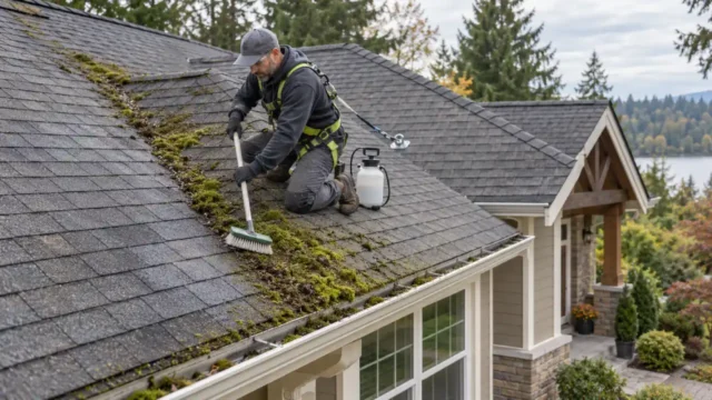 Professional roofer safely removing moss from asphalt shingles with a soft-bristle brush and low-pressure treatment.