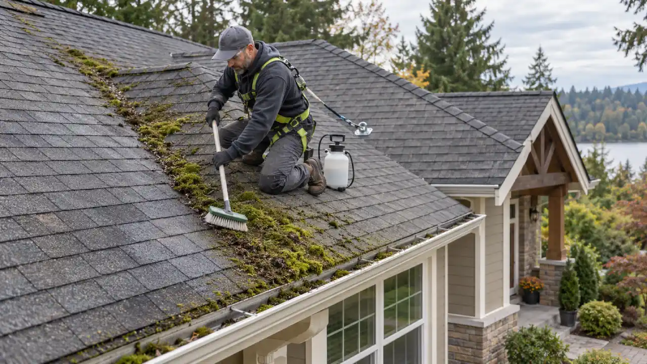 Professional roofer safely removing moss from asphalt shingles with a soft-bristle brush and low-pressure treatment.