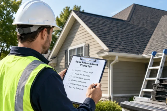 Homeowner reviewing a roof replacement checklist before starting a roofing project