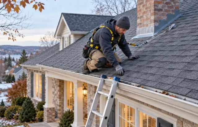 Professional roofer wearing a safety harness while inspecting shingles, chimney flashing and gutters before winter.