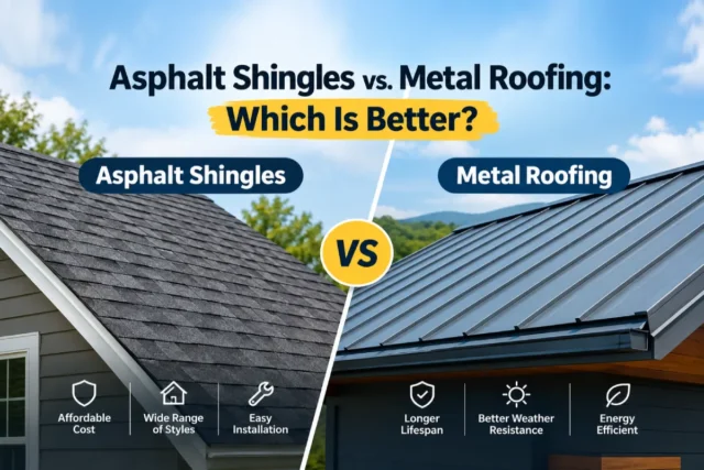 Asphalt shingles vs. metal roofing comparison showing the key benefits of each roofing material