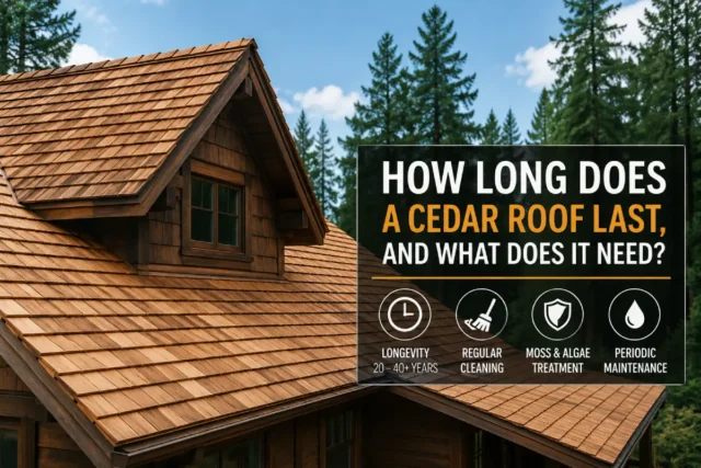 Cedar shake roof on a home showing its natural wood shingles and maintenance requirements