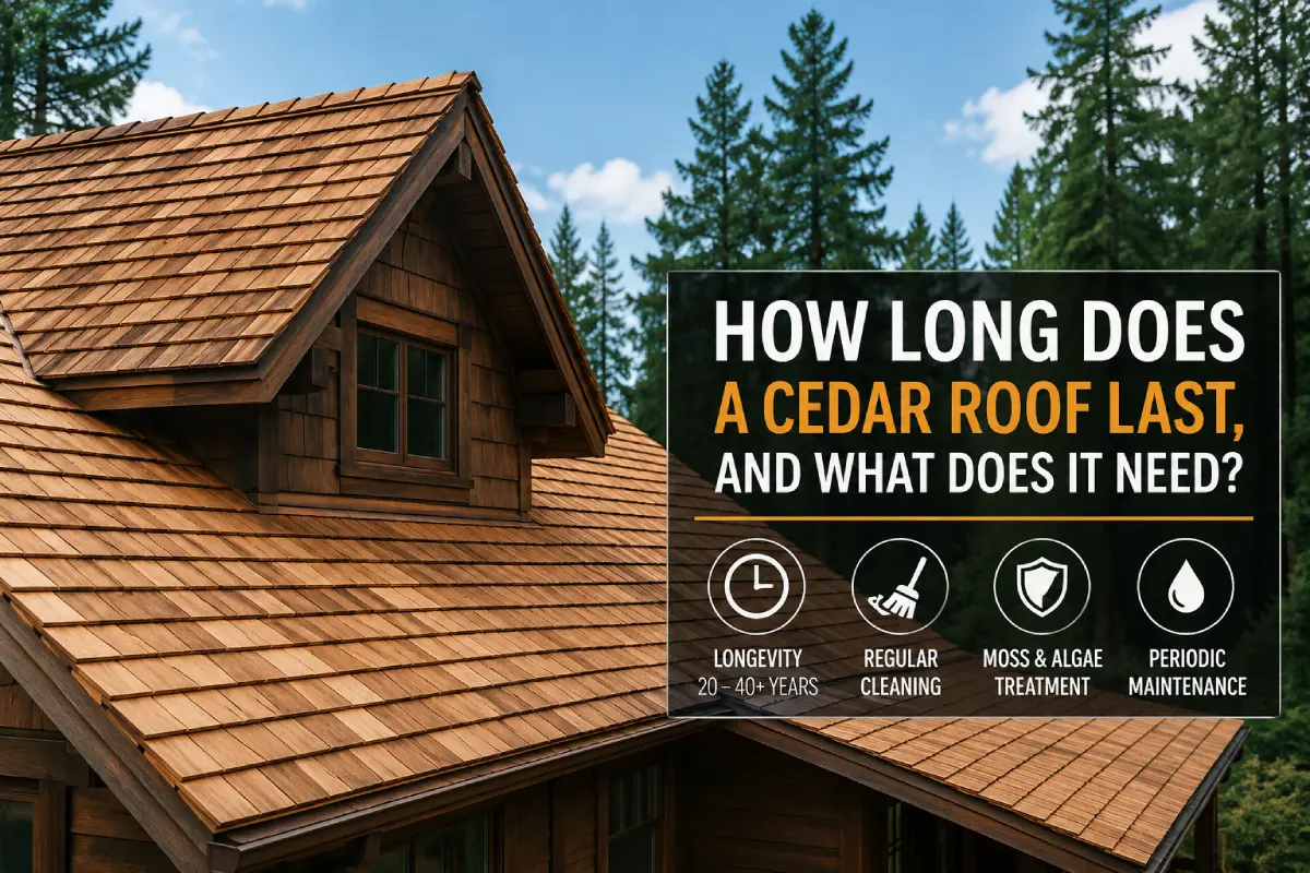 Cedar shake roof on a home showing its natural wood shingles and maintenance requirements