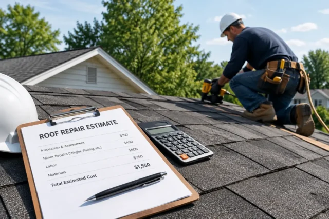 Roofer repairing a residential roof beside a roof repair cost estimate and calculator