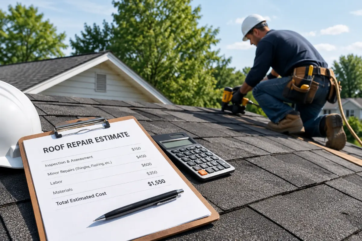 Roofer repairing a residential roof beside a roof repair cost estimate and calculator