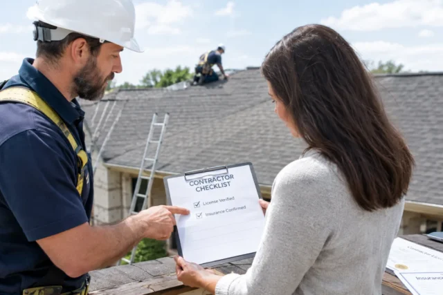 Homeowner checking a roofing contractor's license and insurance documents