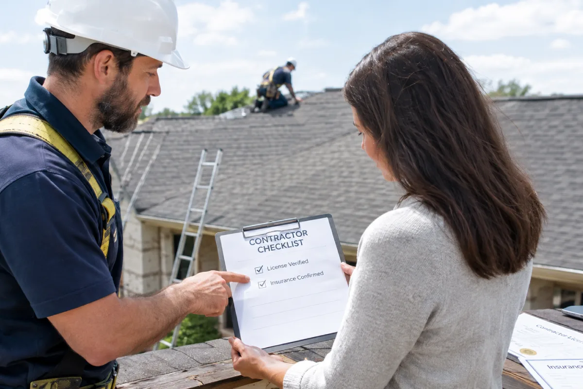 Homeowner checking a roofing contractor's license and insurance documents