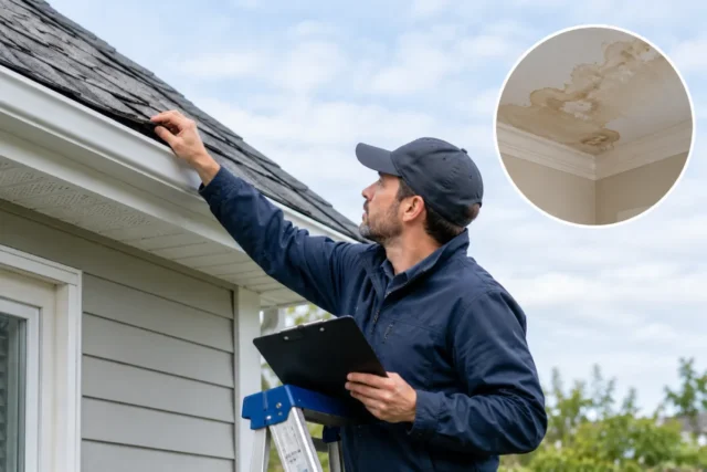 Roof inspector checking shingles to find a potential roof leak