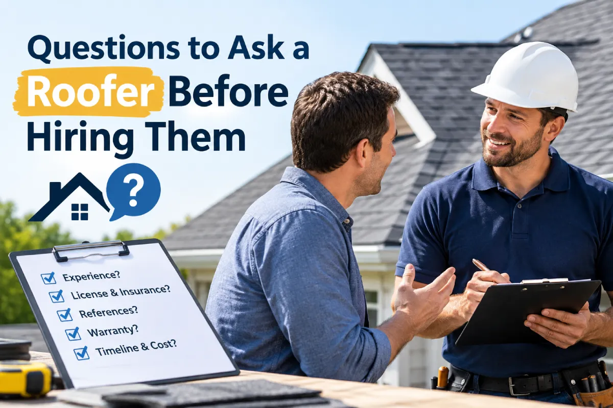 Questions to ask a roofer before hiring them, including experience, licensing, insurance, references, warranty, timeline, and cost