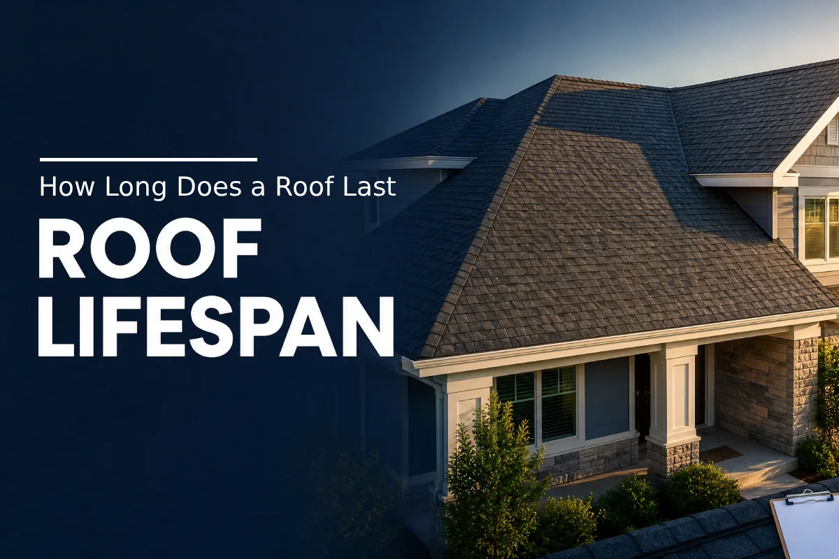Modern suburban house with a shingle roof and roof inspection tools in the foreground