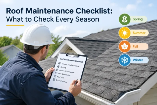 Roof maintenance checklist showing seasonal roof inspection tasks for spring, summer, fall, and winter