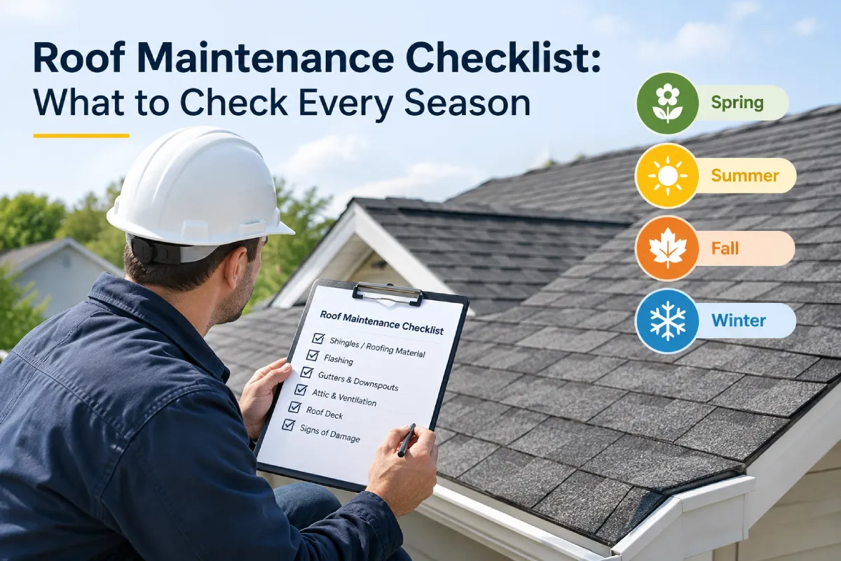 Roof maintenance checklist showing seasonal roof inspection tasks for spring, summer, fall, and winter