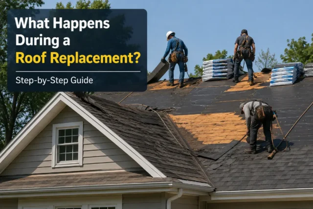 Roof replacement in progress with roofing contractors removing old shingles and installing new roofing materials