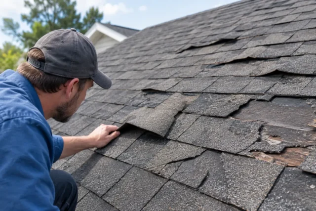 Roof shingles curling, cracking, and missing on a residential roof