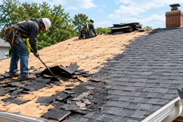 Roof tear-off with workers removing old shingles from a residential roof