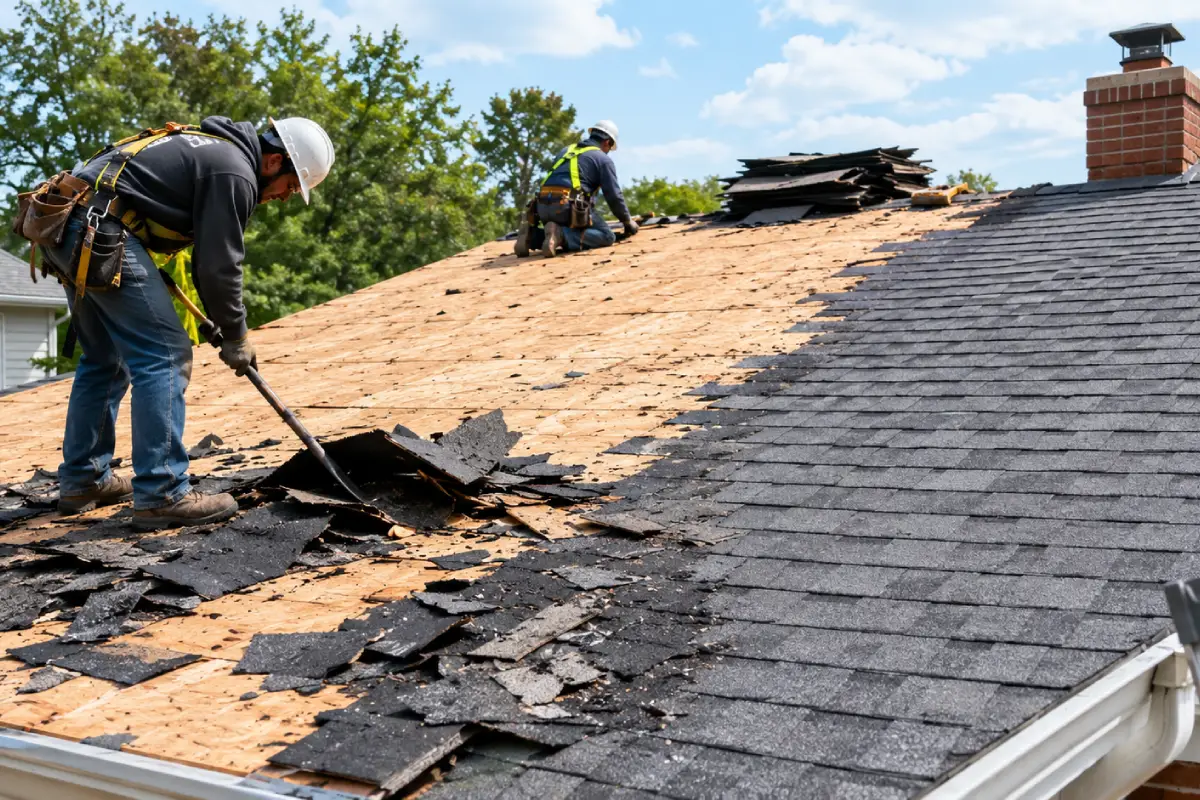 Roof tear-off with workers removing old shingles from a residential roof