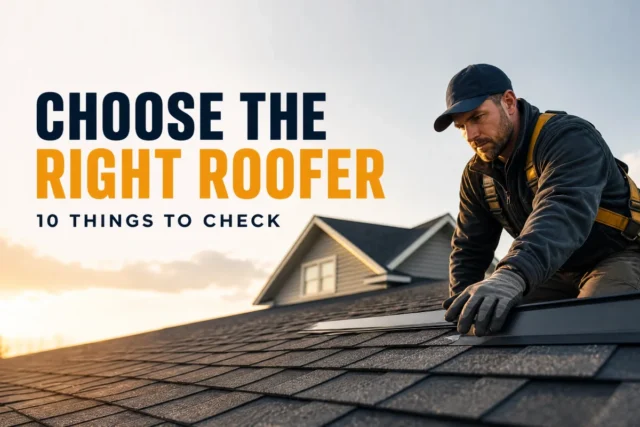 Roofing contractor inspecting a residential roof with a clipboard
