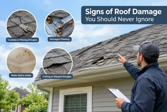 Signs of roof damage including cracked shingles, damaged flashing, water stains inside, and curling shingles with a professional roof inspector pointing at a damaged roof.