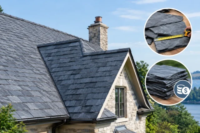Slate roof showing durable natural slate shingles, with slate materials and measuring tools illustrating roof lifespan and cost