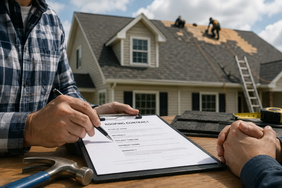 Roofing contract with scope of work, materials, payment terms, timeline, and warranty details