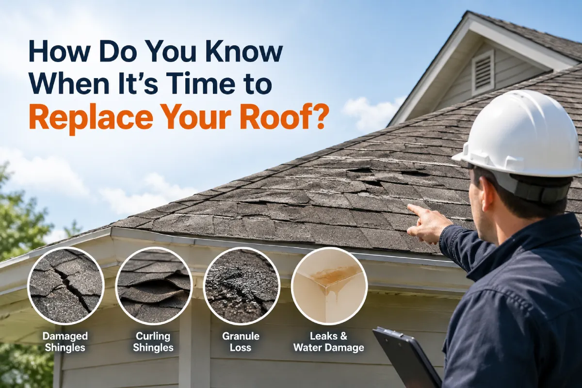 Homeowner inspecting a damaged roof to determine if it needs replacement