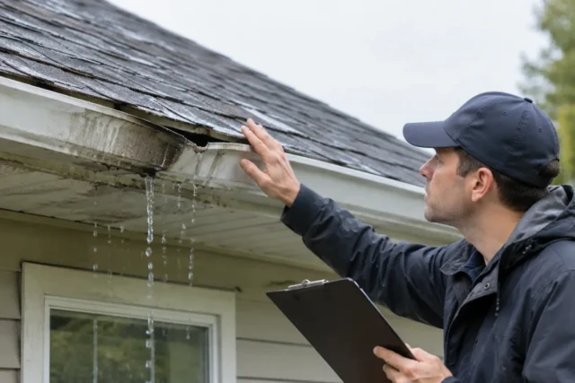 Roofer inspecting a leaking roof with damaged shingles and dripping gutter