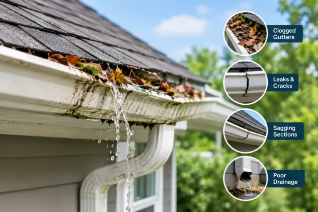 Damaged roof gutters showing clogging, cracks, sagging sections, and poor drainage