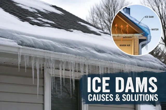 Snow-covered roof with an ice dam and icicles along the roof edge