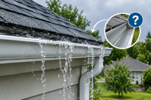 Clean gutter overflowing with rainwater along a residential roof