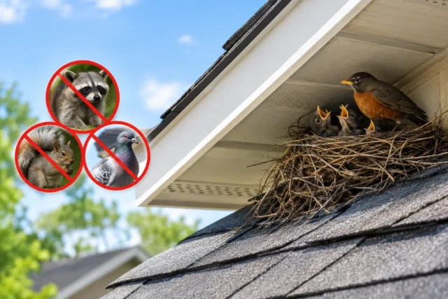 Animals nesting in a roof near the soffit, including birds and wildlife that can cause roof problems