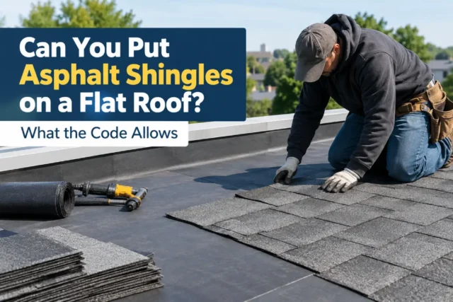 Contractor installing asphalt shingles on a low-slope flat roof