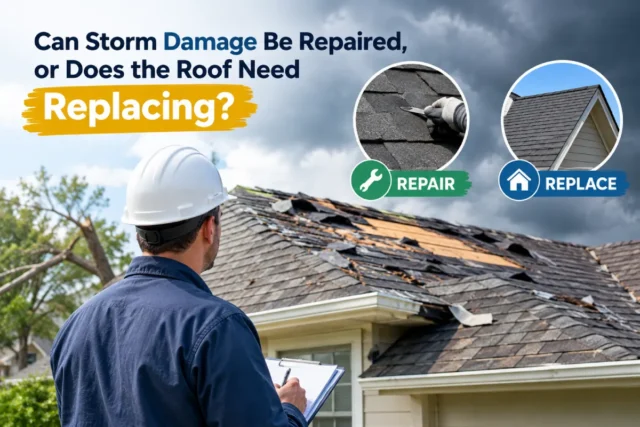 Storm-damaged roof being inspected to determine whether it can be repaired or needs replacement