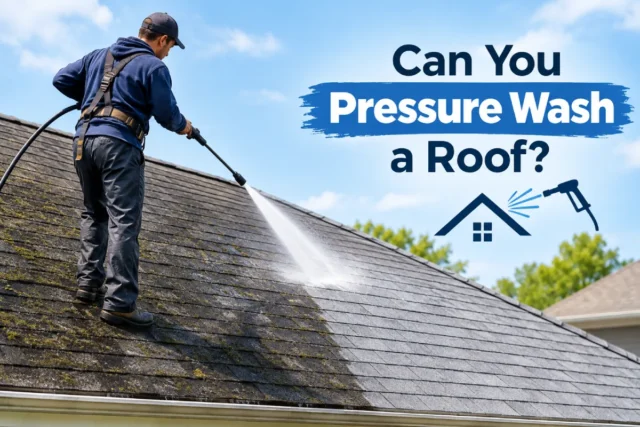 Professional roof cleaning with a pressure washer on asphalt shingles