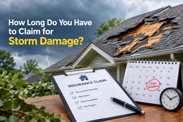 Storm-damaged roof with an insurance claim form, calendar deadline, and clock