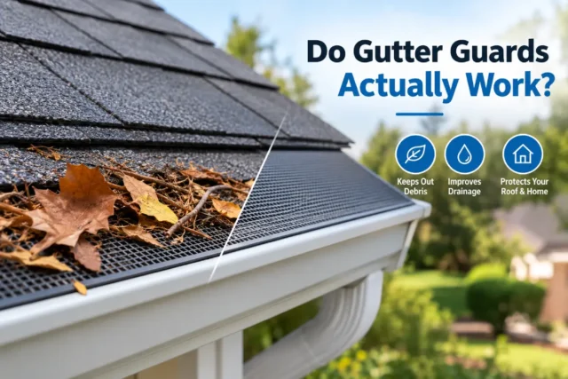 Gutter guard installed along a roof gutter with leaves and debris visible on the guard