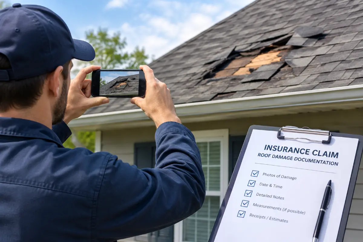 Homeowner photographing damaged roof shingles for an insurance claim