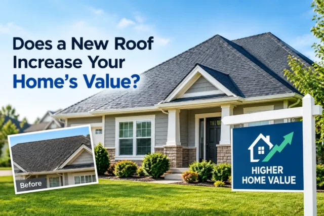 A new roof on a suburban home with a graphic showing higher home value