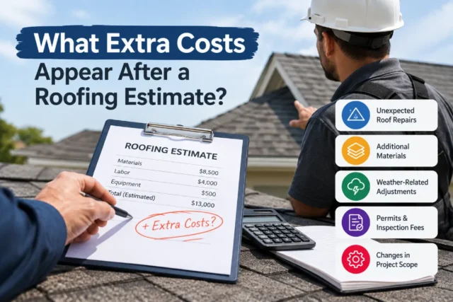 Roofing estimate showing unexpected extra costs such as repairs, additional materials, permits, and project changes
