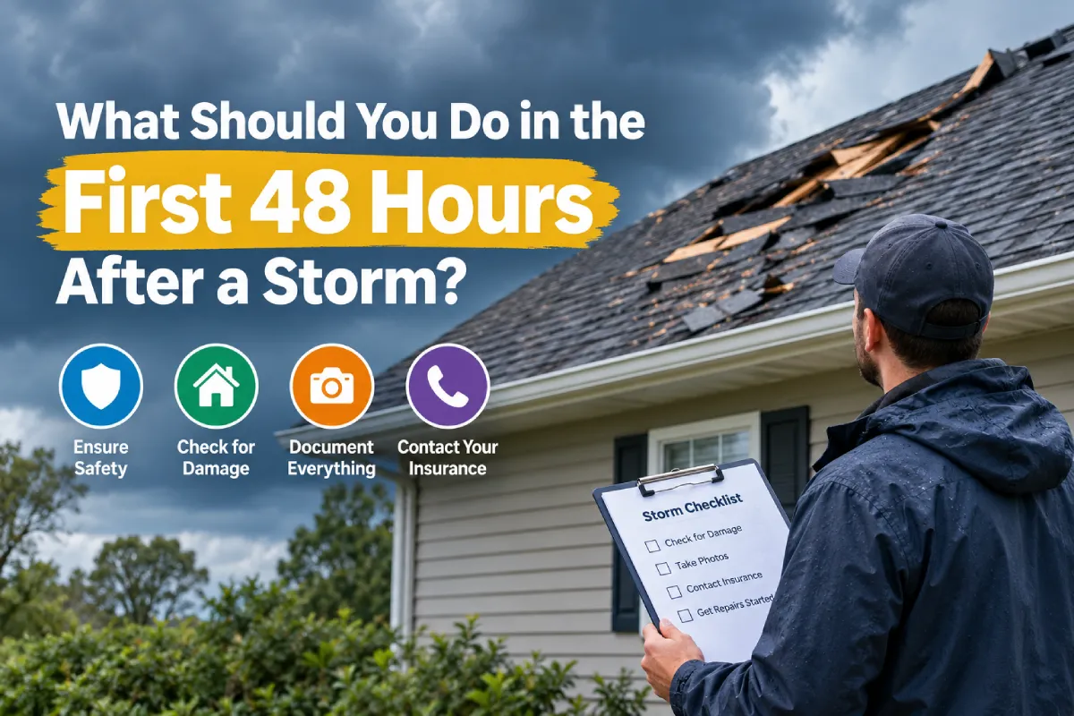Homeowner inspecting storm damage on a roof after severe weather