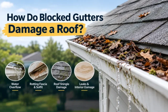 Blocked gutters overflowing with water and causing roof damage
