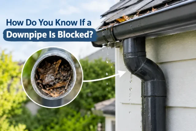 Blocked downspout filled with leaves and debris causing water to drip from the gutter