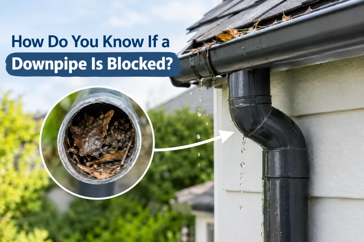 Blocked downspout filled with leaves and debris causing water to drip from the gutter