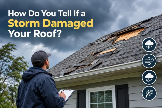 Storm-damaged roof with missing shingles being inspected after severe weather